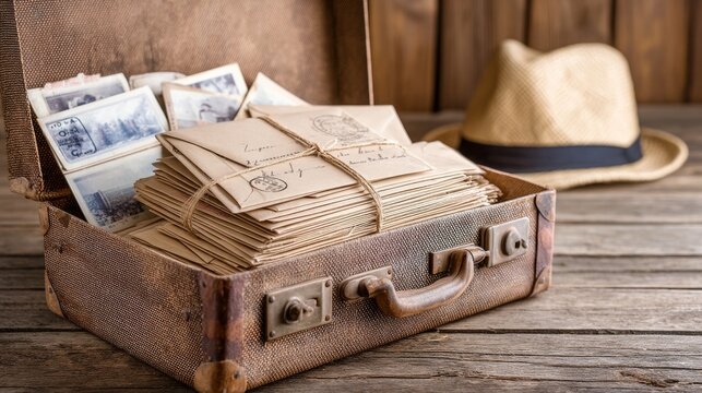 Vintage Suitcase Filled with Letters and Postcards on Wooden Table