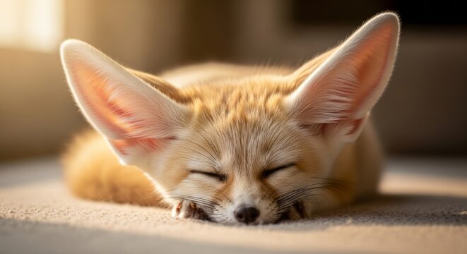 Adorable fennec fox with oversized ears sitting in desert environment, soft natural lighting, exotic wildlife and cute animal concept.