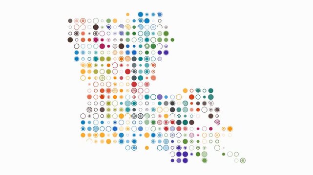 Louisiana animated shape. Pulsating colored dots on the map of the state. Large size circle blocks. Digital style Louisiana map on white background. Classy animation video.
