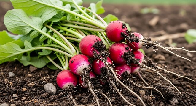 Freshly harvested red radishes bunch.