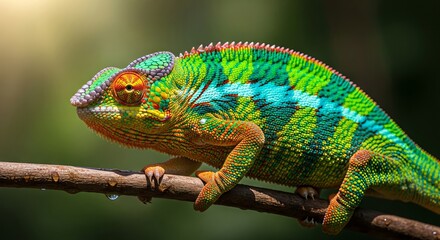Fototapeta premium Vibrant chameleon with textured skin sitting on branch, natural light and camouflage concept, exotic reptile macro photography.