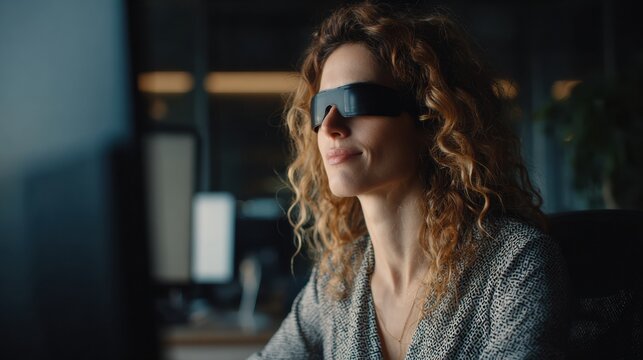 Professional Woman Uses Screen Reader Setup at Workstation in Office for Daily Tasks and Work Integration