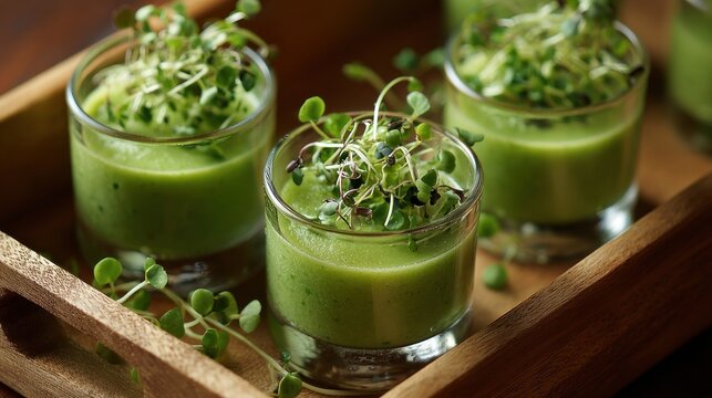 Close up of green soup shooters topped with sprouts on a wooden tray