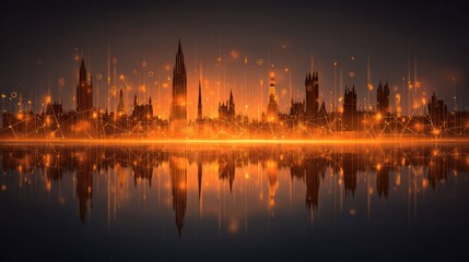 Fototapeta premium Cityscape silhouette reflecting lights against water at dusk with digital effects