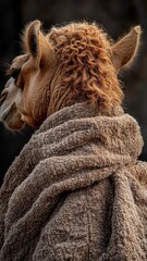 Naklejka premium Camel with a detailed textured pattern, highlighting the intricate textures and natural details of its fur and surroundings.