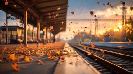 Obraz premium Bright Leaves Blowing at Train Station Platform During Golden Hour Light