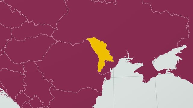 Moldova map. Animated zoom into the country on the Globe in Pale Mint Dark Pink color palette. Country logo animation with round text and airplanes. Map with meridians, parallels. Alive video.