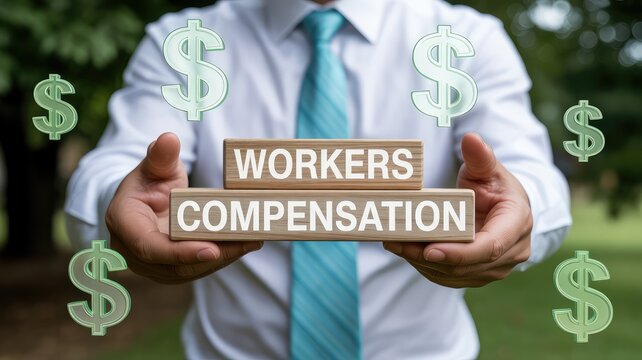 Businessman holding wooden blocks labeled workers compensation surrounded by floating dollar signs illustrating financial benefits protection
