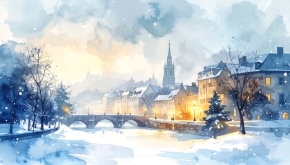 Obraz premium Snowy European town with river bridge and glowing evening lights in winter watercolor painting illustration