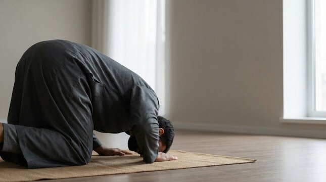 Muslim Man Prostrating in Prayer - Islamic Sujud Position on Mat at Home