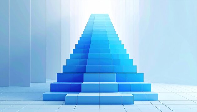 Abstract blue staircase ascending towards bright light in a minimalist scene