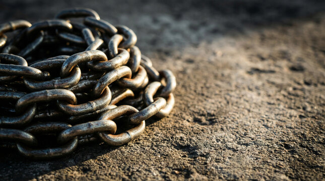 coiled metal chain on rough ground isolated on transparent background