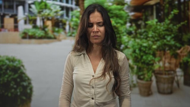 Woman with visible face scowling on a street, long brown hair and beige buttoned shirt with tense upright posture; anger defiance.