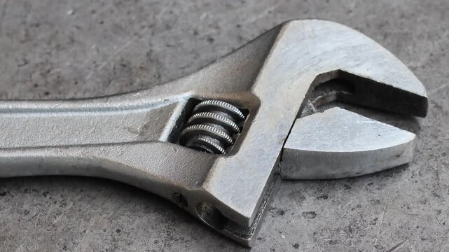 Steel adjustable wrench head resting on a dirty metal workshop table. Close-up of industrial hand tool for turning nuts and bolts in a professional mechanical garage environment.