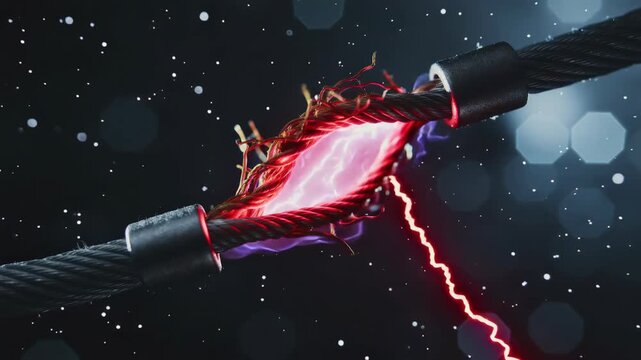 Close up of a frayed electrical cable snapping with glowing pink energy and sparks on dark background, concept for technical failure, power overload and industrial emergency