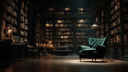 Naklejka premium Dark Luxury Library With Velvet Armchair and Dramatic Lighting Invites Quiet Reading Moments in a Refined Space Filled With Books