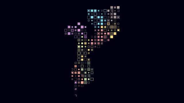 Mozambique map animation. Shape of the country with pulsating colored dots. Large size square blocks. Digital style Mozambique map on dark background. Plain video.