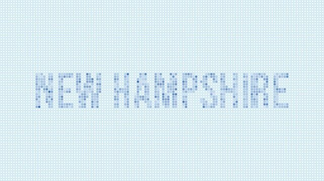 New Hampshire, United States dotted map animation. Digital style shape of the state. New Hampshire, United States shape and title dots appear with bulb flickering effect.