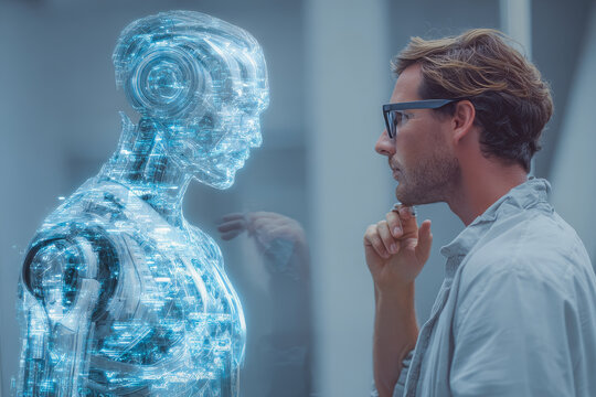 A thoughtful man stands face to face with a futuristic humanoid robot, both engaged in a moment of deep contemplation. The scene highlights advanced artificial intelligence interaction