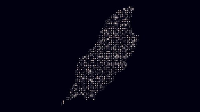 Isle of Man map animation. Shape of the country with pulsating colored dots. Small size square blocks. Digital style Isle of Man map on dark background. Vibrant video.