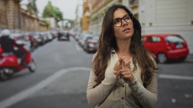 Woman with glasses on a city street, hands clasped with fingers interlaced while looking upward near parked cars and buildings; thoughtful.
