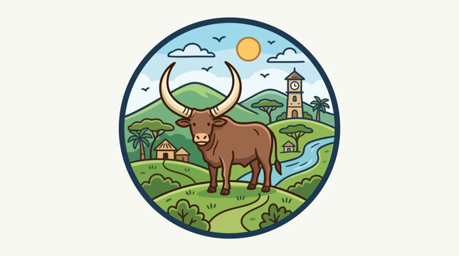 Cartoonish Ankole Cattle in a Scenic Landscape