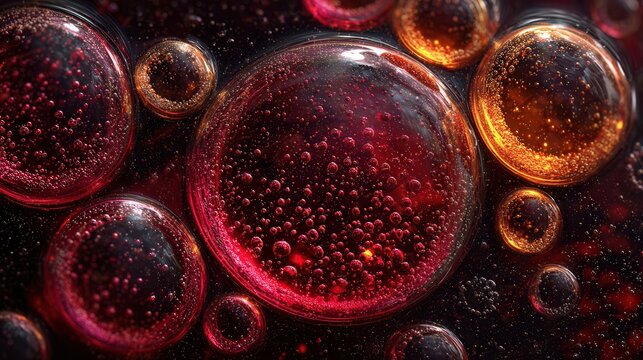 Vibrant red and orange bubbles floating in dark liquid