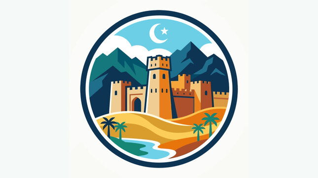 Stylized Castle with Mountains and Crescent Moon Design