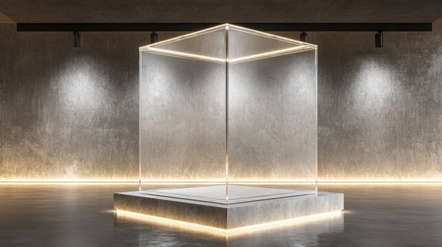 Transparent cube display on illuminated platform in modern interior setting