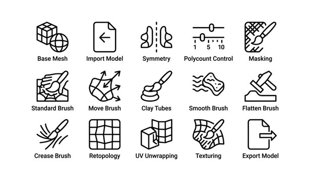3d modeling tools: icons for mesh, brushes, and texturing techniques