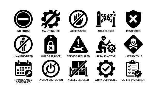 Safety and maintenance icon set: no entry, access stop, hazard zone, system shutdown