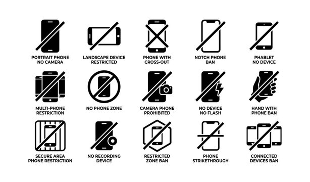 Black and white icon set representing mobile device restrictions and bans