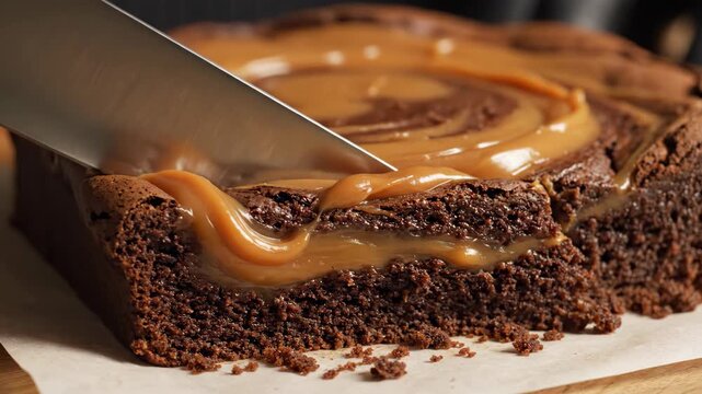 Close up of a knife slicing into a rich chocolate brownie with caramel sauce.