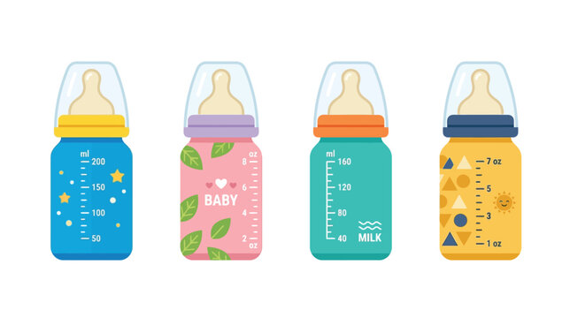 Four colorful baby bottles with different designs and measurement markings