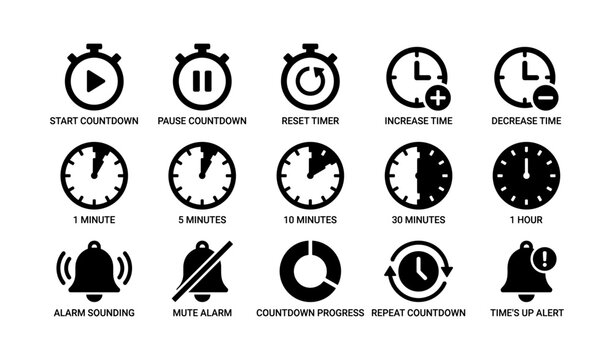 Countdown timer icons for time management and alerts