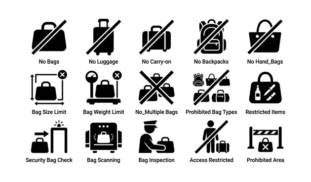 Bag restrictions and security check icons: no luggage or backpacks allowed