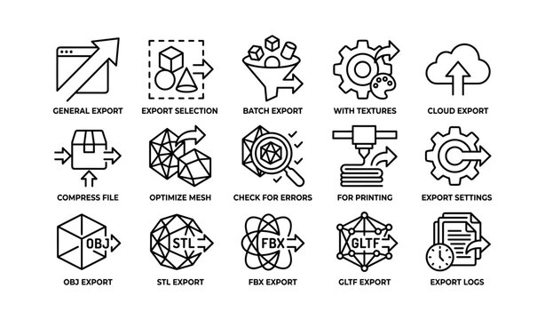 Export icons: general, selection, batch, textures, cloud, compress, optimize, print, settings