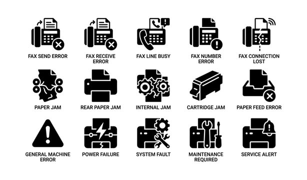 Common fax machine errors and solutions in icon set