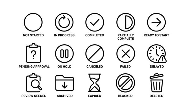 Task status icons: progress, completion, and action indicators