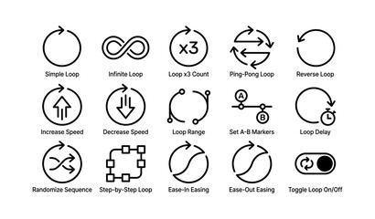 Fototapeta premium Loop icons: simple, infinitive, reverse, speed, sequence, toggle, markers