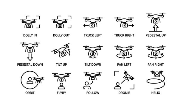 Drone camera movement icons including dolly, truck, tilt, pan, orbit, and follow