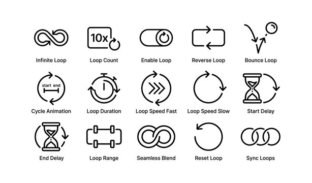 Loop and animation icons: cycle, speed, duration, and sync symbols