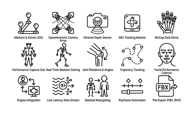 Motion capture technology icons with sensors and tracking modules