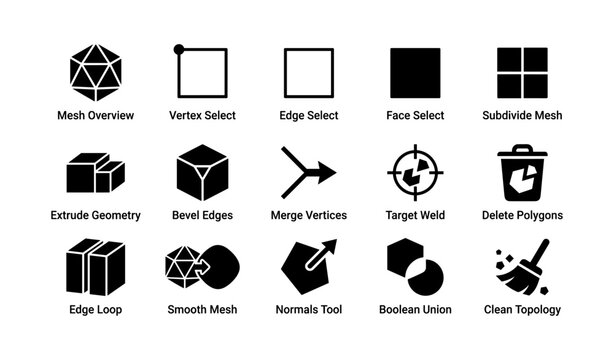 3d modeling tool icons: mesh, vertex, edge, face, subdivide, extrude, bevel, merge, weld