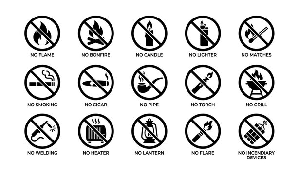 Safety icons: no flame no smoking no grilling warning signs