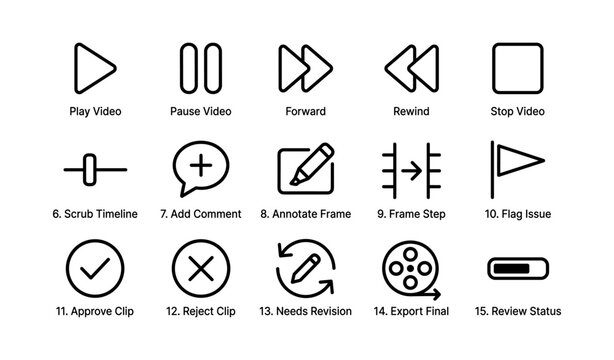 Multimedia editing icon set for video control and annotation tasks