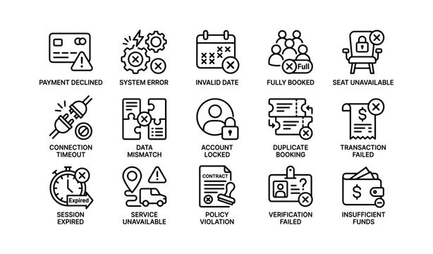 Collection of 16 payment system error icons indicating various transaction failures