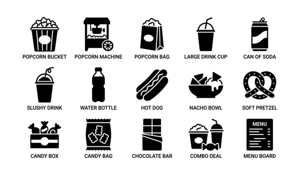 Icon set of cinema snacks and drinks featuring popcorn, soda, nachos, candy, pretzel, and hotdog