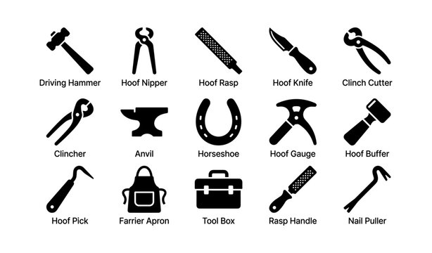 Illustration of farrier tools set for horse hoof care and maintenance