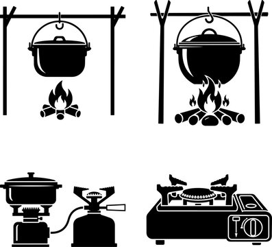 Black silhouettes of various camping and portable cooking stoves and pots on fire  isolated on white background